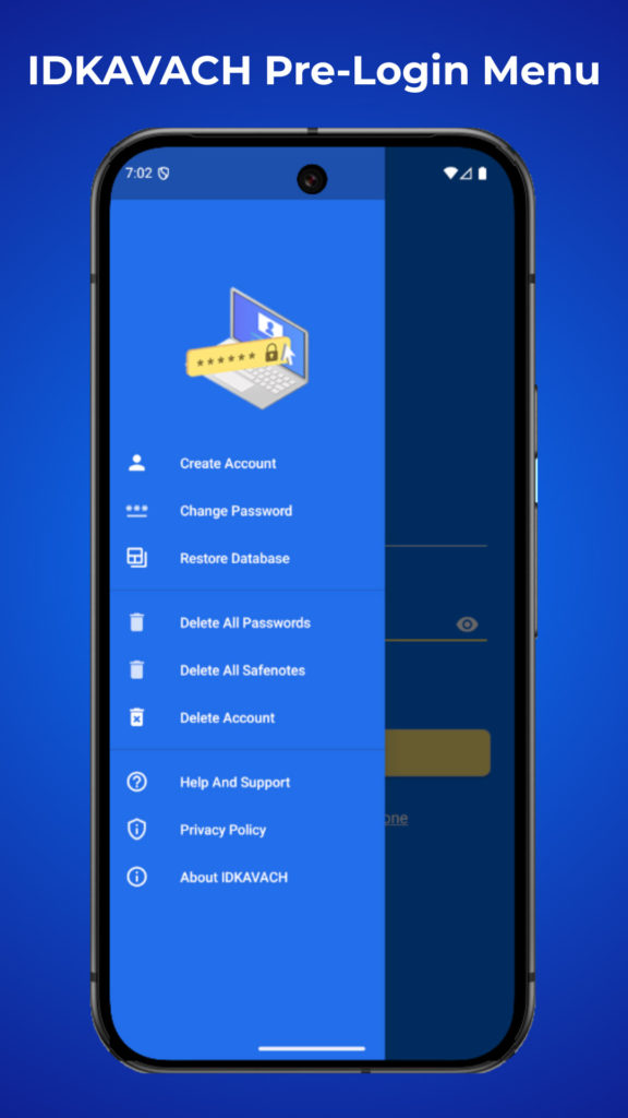 Pre-Login Menu - IDKAVAH Password Manager and Data Security App for Android on Google Playstore